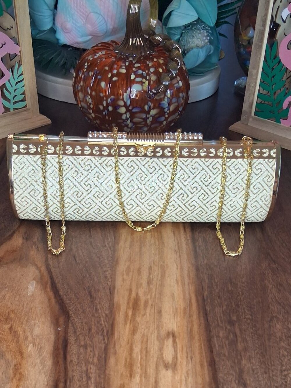 Gold Greek Key Hard Shell Cylinder Evening Clutch Bag Rhinestone Minaudière